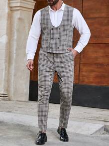 Manfinity Mode Conjunto De Traje De Cuadros De Doble Botonadura De Talla Grande Para Hombres - Gris - Ver 3