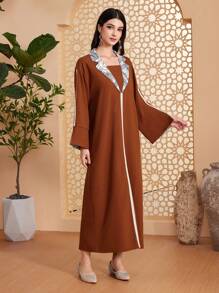 Al Najma Hình học In Tay áo dài Đầm Với Bộ đồ Vòng cổ - Cà phê nâu - Xem 4