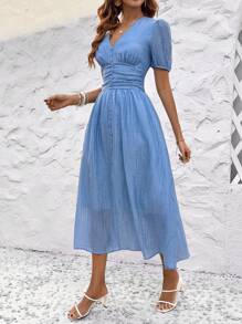 Breezaya V-Neck Short Sleeve Dress - Blue - View 6