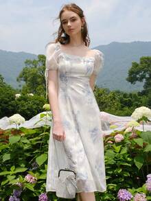 Vacation Elegant Floral Print Puff Sleeve Dress - Blue - View 4