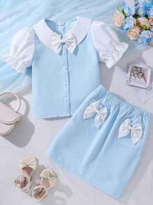 SHEIN Tween Girls' Peter Pan Collar Button Up Top With Bow And Skirt Set - Pink - View 1