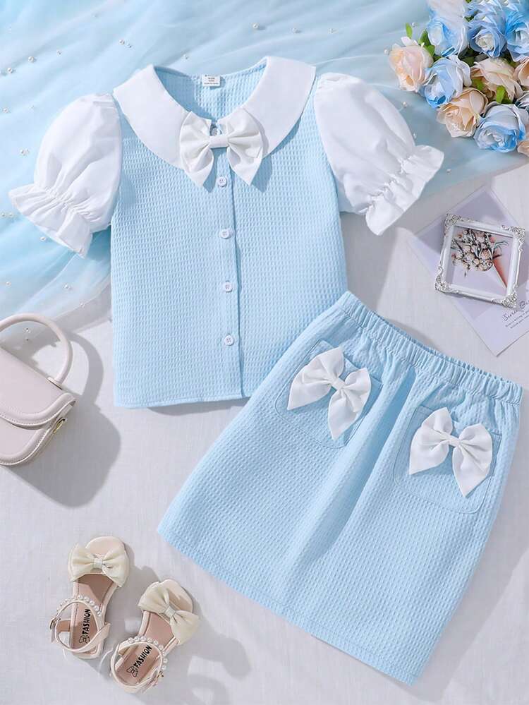 Tween Girls' Peter Pan Collar Button Up Top With Bow And Skirt Set