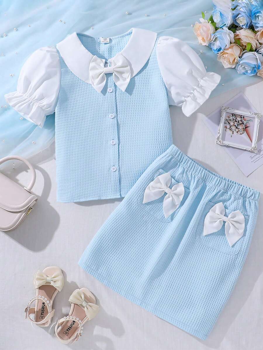 SHEIN Tween Girls' Peter Pan Collar Button Up Top With Bow And Skirt Set - Pink - View 1