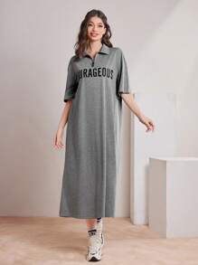 Mulvari 女式长袖字母印花领连衣裙 - 灰色 - 查看 4