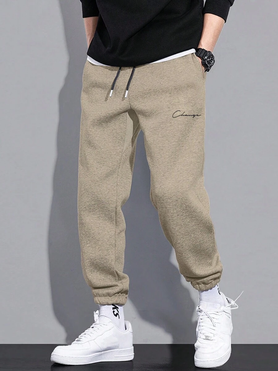 EURMUSE Men's Letter Print Drawstring Waist Jogger Pants - Beige - View 1