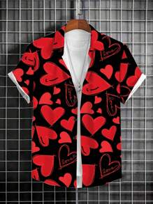 Manfinity Homme 男士短袖愛心印花襯衫 - 黑色 - 查看 1