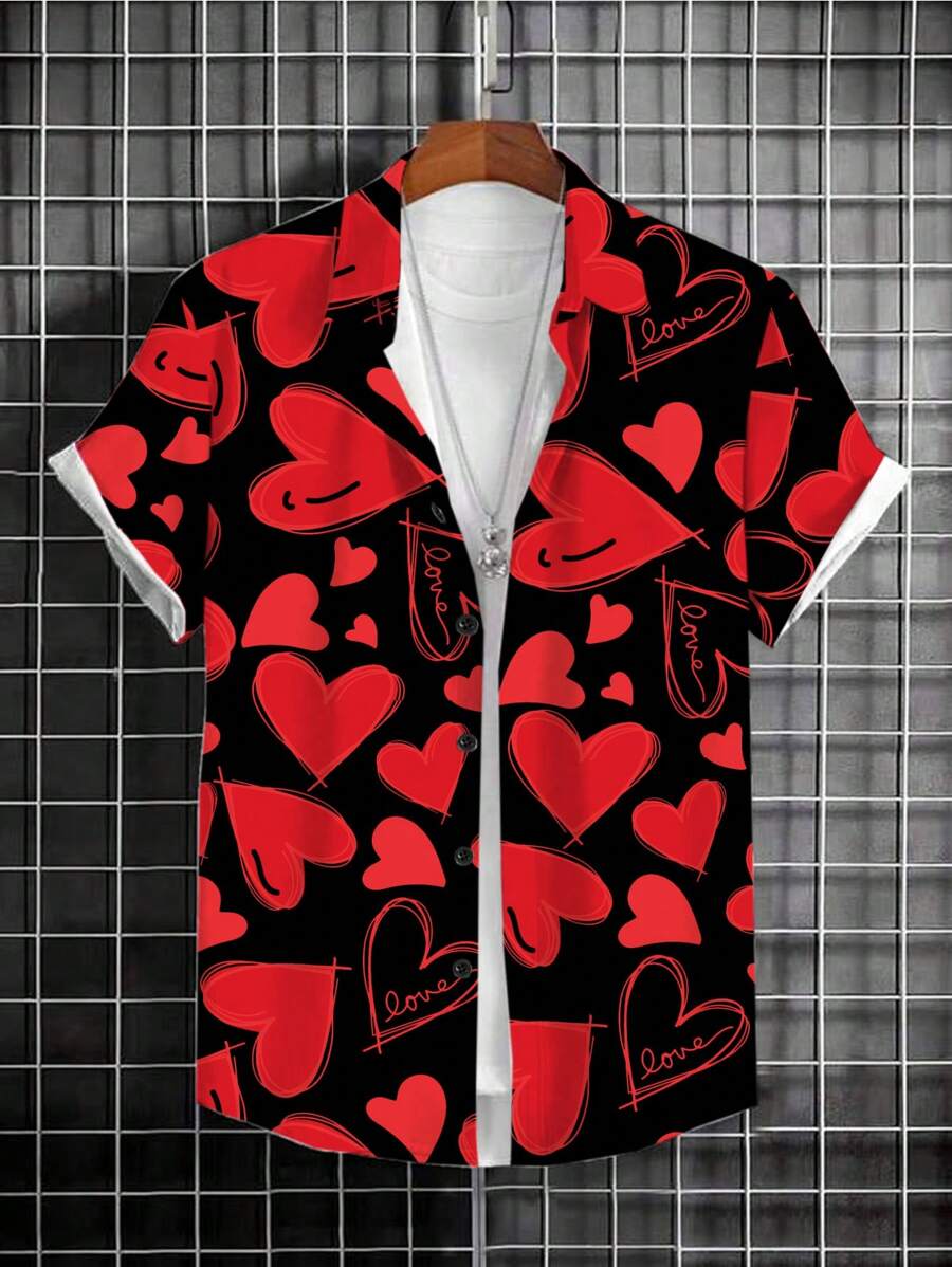 Manfinity Homme 男士短袖愛心印花襯衫 - 黑色 - 查看 1