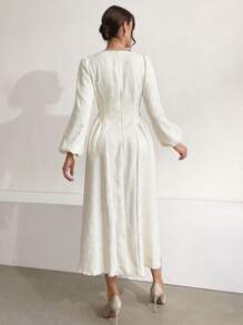 Modelyn Vestido de noche largo con cuello en V y mangas farol para mujeres - Albaricoque - Ver 2
