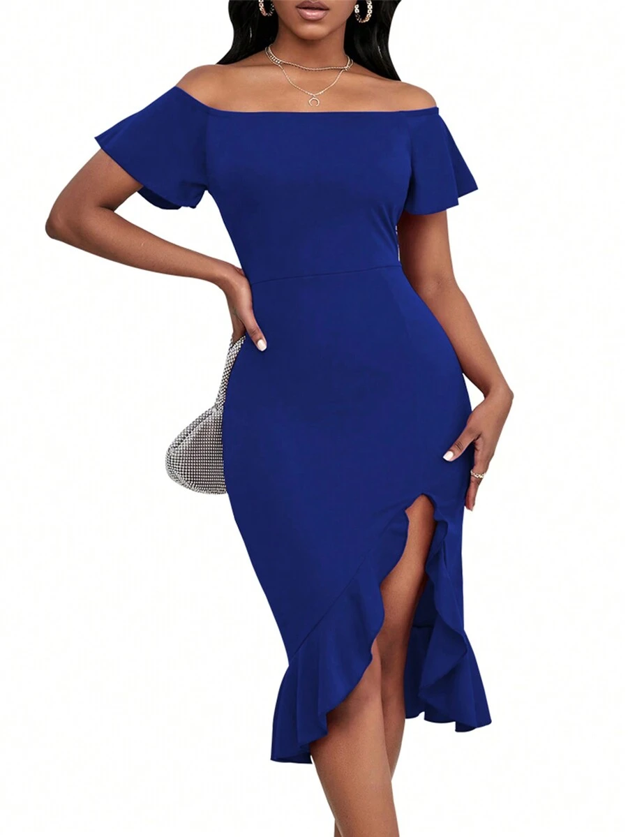 Women's Asymmetrical Hem Off Shoulder Dress - Blue - View 1