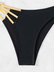 SHEIN Swim Ladies' Contrast Trim Halter Neck Bikini Set - Black - View 4