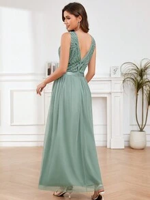 Round Neck Beaded Party  Dress Cocktail Dress - Green - View 2