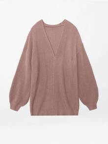 1件女士纯色休闲长灯笼袖针织开衫，秋冬季，长袖上衣，玫瑰图案粉色 - 粉色 - 查看 5