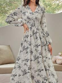 Modelyn 女士花卉印花灯笼袖连衣裙超长女士装长款晚礼服 - 杏色 - 查看 4