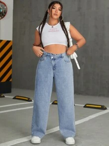 SHEIN ICON 大尺碼女士不對稱腰身牛仔褲 - 藍色 - 查看 5