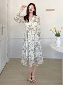 DAZY V-Neck Long Sleeve Printed Dress, Fall Dress Vacation Outfits Women Floral Dress Boho - White - View 3