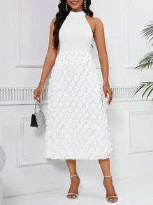 SHEIN Lady 女式無袖露背a字裙,3d裝飾 - 白色 - 查看 6