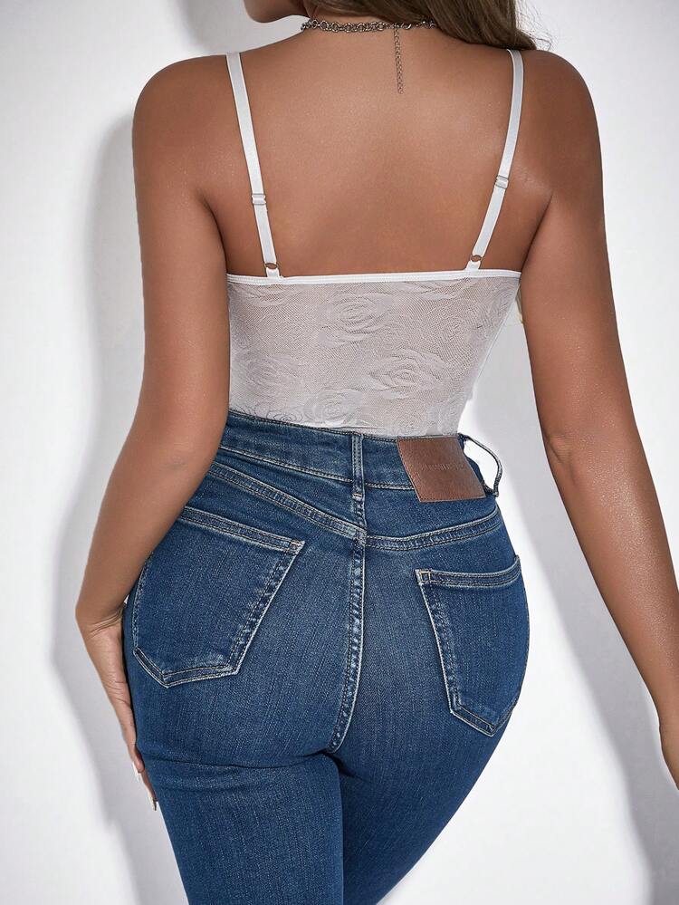 Women's White Lace Detail Spaghetti Strap Bodysuit