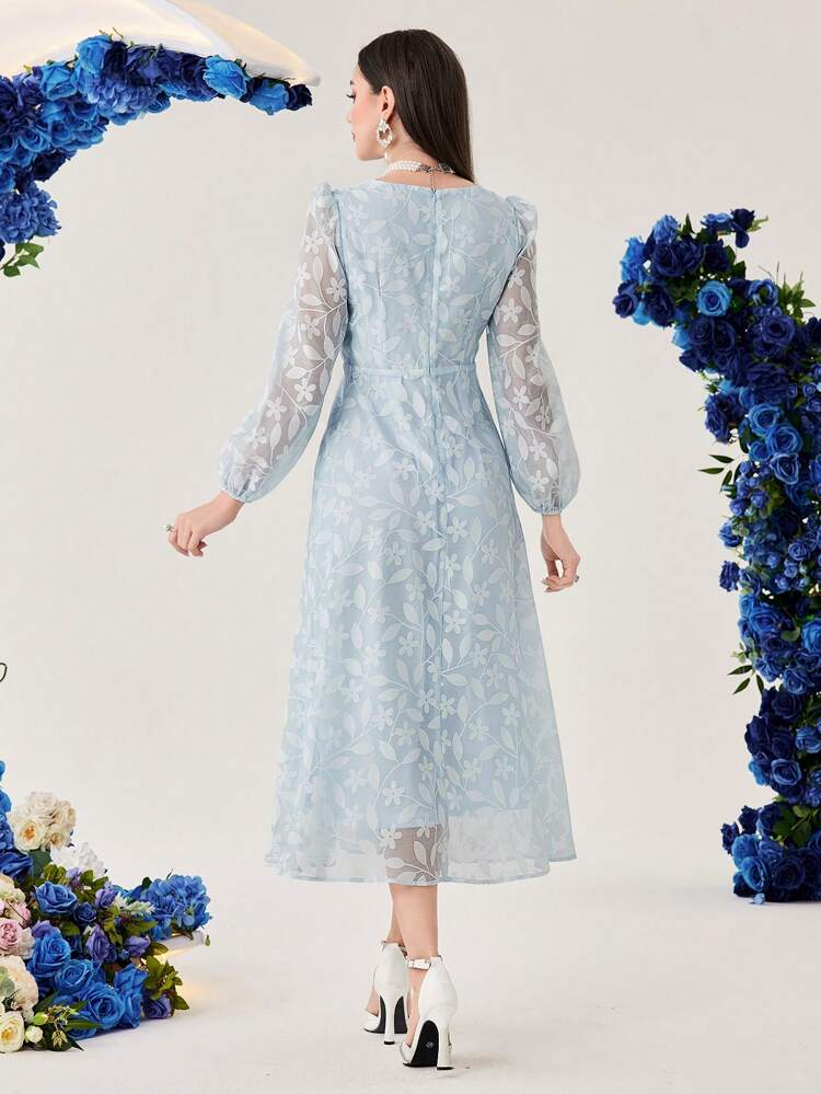 Women's Embroidered Floral Applique V-Neck Lantern Sleeve Dress Without Belt Long Evening Dresses