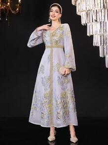 Al Najma 女士優雅印花連衣裙 - 淺灰紫 - 查看 3