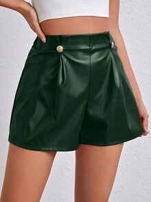 SHEIN Essnce Của phụ nữ Da giả Eo đàn hồi Quần short - Màu xanh lá cây đậm - Xem 3