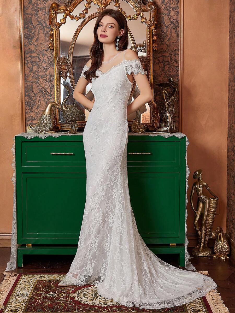 White Netted Yoke Lace Mermaid Wedding Dress - White - View 1