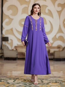 Al Najma Women's Jewel Decor Long Sleeve Arabic Style Dress - Purple - View 5