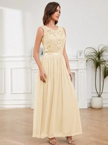 Round Neck Beaded Party  Dress Cocktail Dress - Champagne - View 3