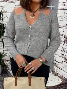 SHEIN LUNE Plus Size Open Shoulder Front Button Cardigan