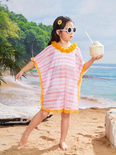 Young Girls' Striped Print Sheer Mesh Cover Up With 3d Flower Decoration