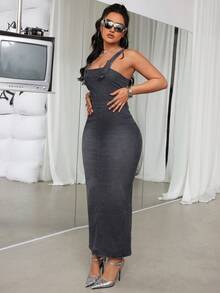 SHEIN ICON Của phụ nữ Denim mùa giặt Đầm denim Với Dây đeo vai có thể điều chỉnh - Màu xám đen - Xem 3