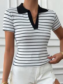 Cottnline Camiseta De Manga Corta A Rayas Con Cuello Tipo Polo Para Mujer, Estilo Universitario Informal, Material Elástico, A Granel - Blanco y Negro - Ver 5