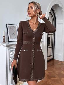 优雅长袖针织连衣裙，拼色 V 领毛衣裙，条纹随意设计，完美适合秋冬时尚返校秋季女装秋季街头服饰 - 巧克力棕 - 查看 3