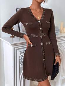 优雅长袖针织连衣裙，拼色 V 领毛衣裙，条纹随意设计，完美适合秋冬时尚返校秋季女装秋季街头服饰 - 巧克力棕 - 查看 4