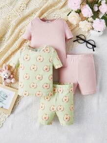 SHEIN 4 Stücke/set Baby Mädchen Passgenauer Niedlicher Cartoon Muster Kurzärmliger Hausanzug - Verschiedenfarbig - Übersicht 1