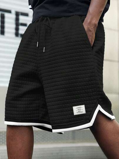 Guys Letter Patched Detail Contrast Trim Drawstring Waist Shorts