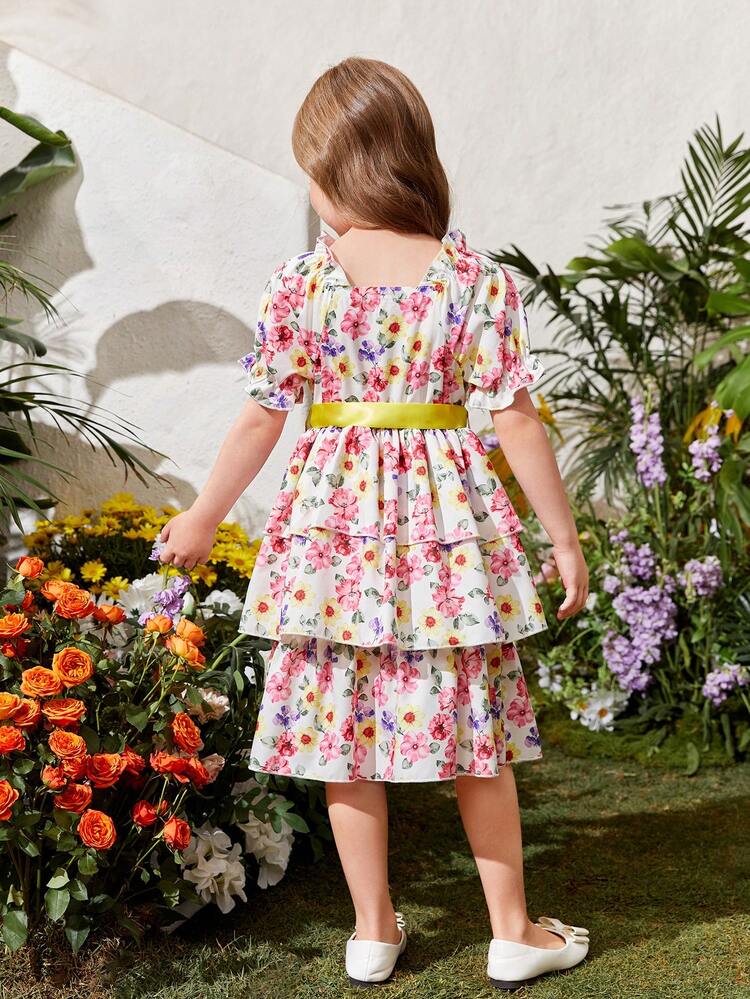 Young Girls' Vacation Square Neckline Puff Sleeve Floral Print Cake Dress With Belt For Summer