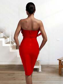 Fuzzy Trim Tube Bodycon Dress - Red - View 2