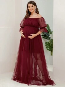 Maternity Chiffon Off-The-Shoulder Waist Elegant Dress, For Party - Burgundy - View 4