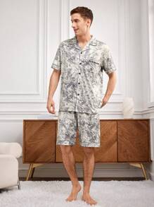 Men's All Over Print Short Sleeve Shirt And Shorts Homewear Set