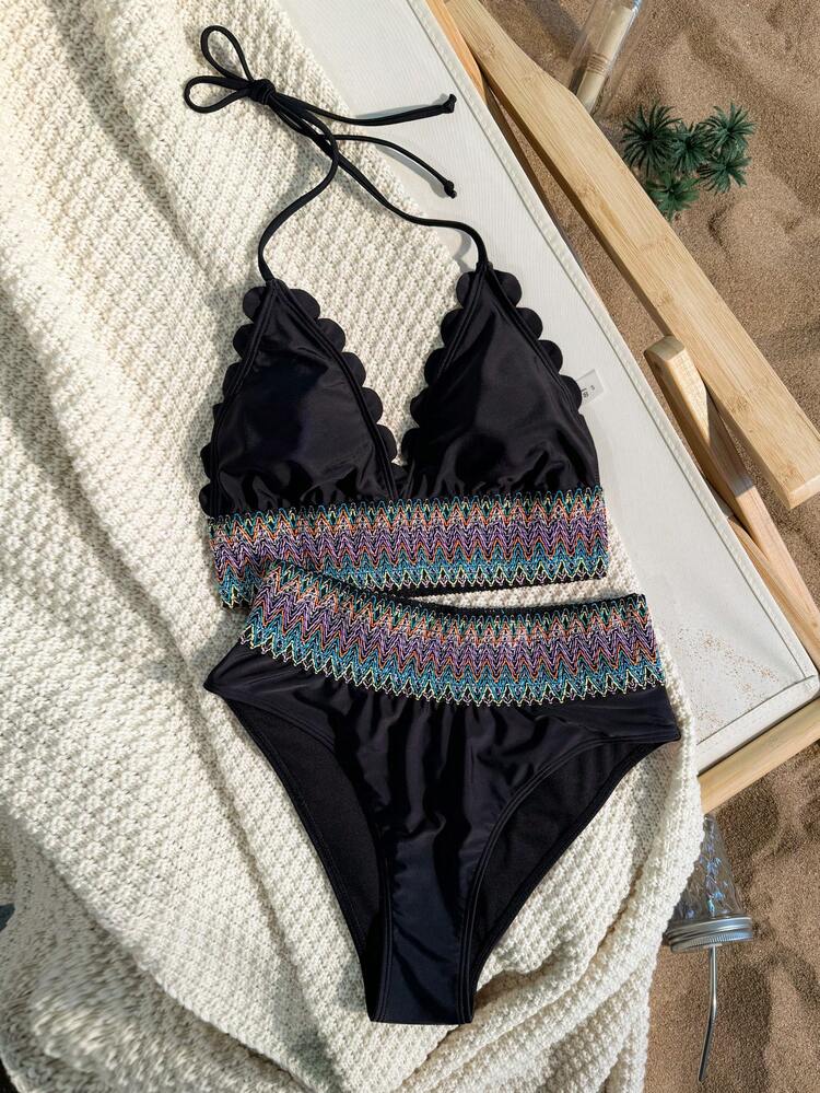 Summer Colorblock Panel Bikini Set With Shell Edge Decoration Carnival