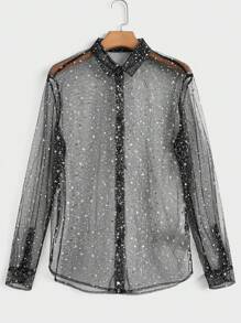 FeverCity 男士亮面透明針織休閒襯衫 - 黑色 - 查看 1