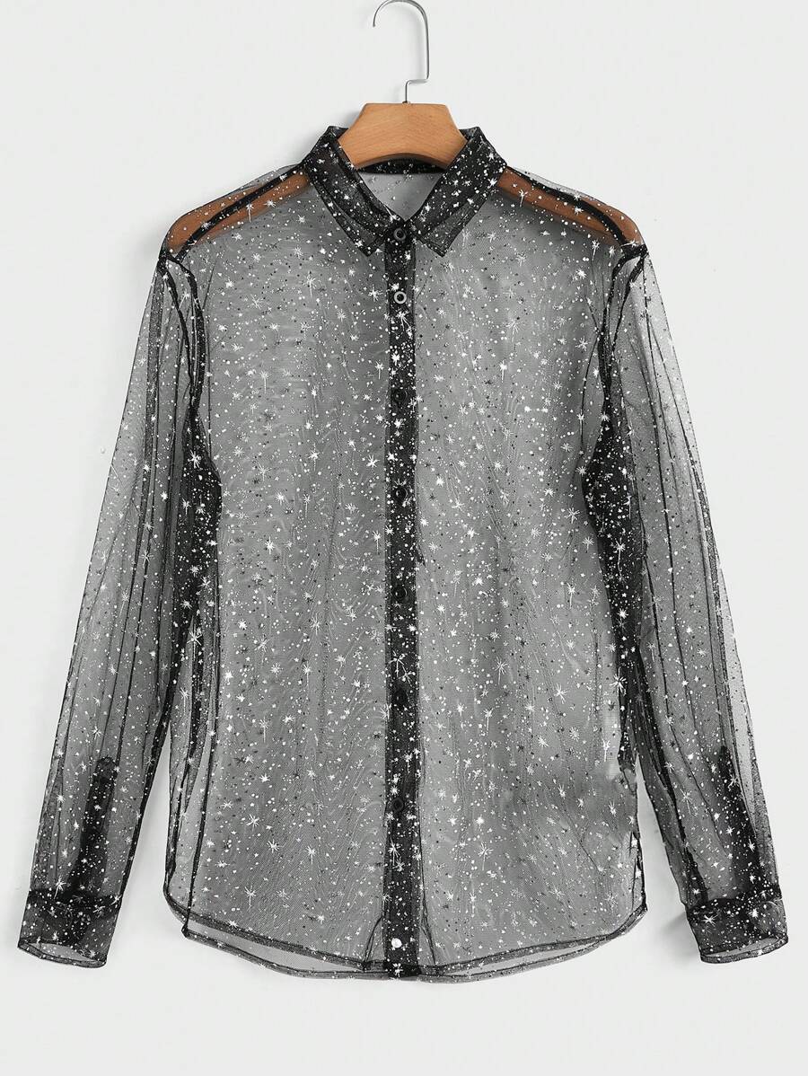 FeverCity 男士亮面透明針織休閒襯衫 - 黑色 - 查看 1