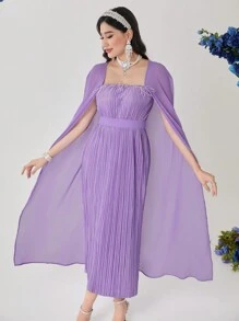 Modelyn 纯色女士斗篷袖褶皱连衣裙长款晚礼服