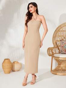 Modelyn Women's Solid Color Halter Neck Dress And Cardigan Two Pieces Set 2 Pieces Set - Khaki - View 5