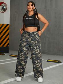 SHEIN EZwear Plus Size Women's Camouflage Cargo Pockets Jeans - Multicolor - View 5