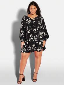 SHEIN CURVE+ Plus Size Women's Floral Printed Lantern Sleeve Dress - Multicolor - View 4