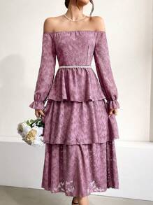 Modelyn Của phụ nữ Off Shoulder Nhiều lớp Tay áo xù Nhiều lớp Đầm - Màu tím - Xem 1