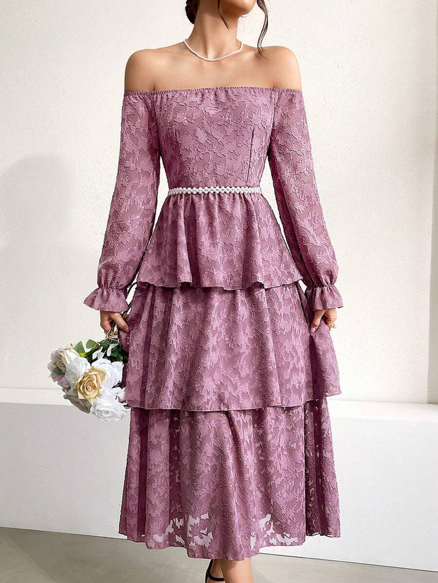 Modelyn Của phụ nữ Off Shoulder Nhiều lớp Tay áo xù Nhiều lớp Đầm - Màu tím - Xem 1