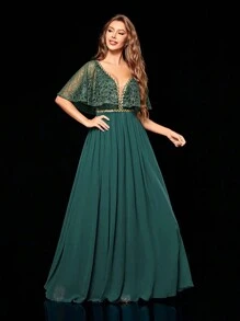 V-Neck Perspective Lace Shawl & Chiffon Splice Dress With Flounce Hem - Dark Green - View 1
