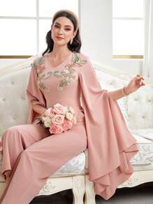 Al Najma Women's Jumpsuit With Cape Sleeve And Embroidery Decor